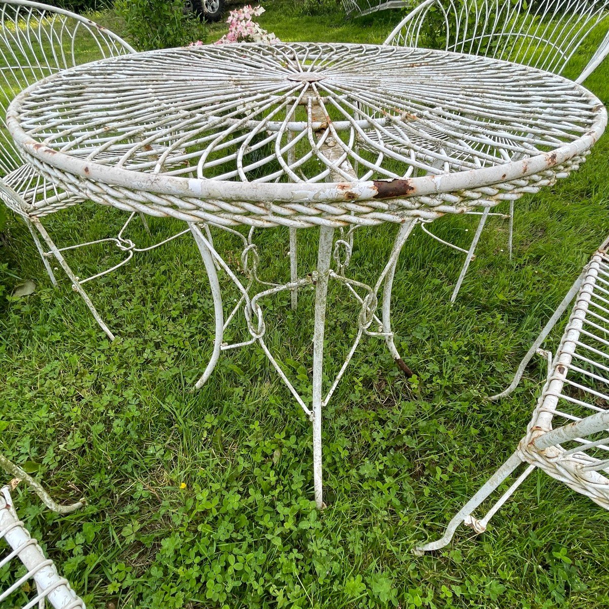 Salon De Jardin Italien Mobilier Vintage, Table Et 4 Chaises En Fer Forgé-photo-2