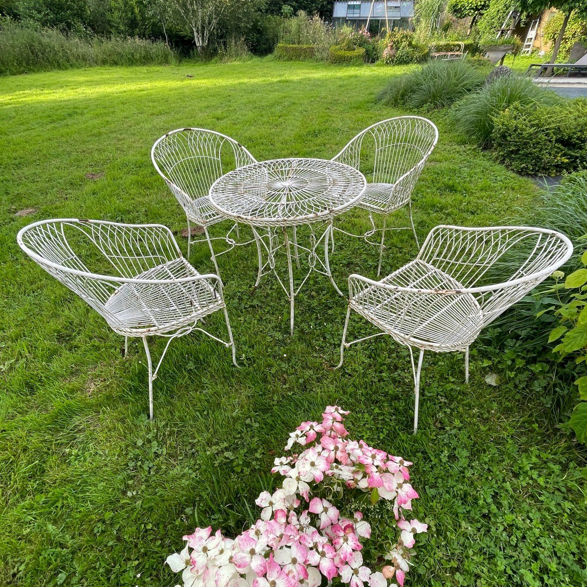 Salon De Jardin Italien Mobilier Vintage, Table Et 4 Chaises En Fer Forgé-photo-8