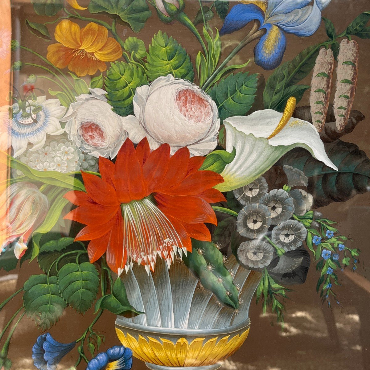 "bouquet Of Flowers" Still Life Painting Neo-classical Style, Gouache On Parchment, Ca 1830-photo-3