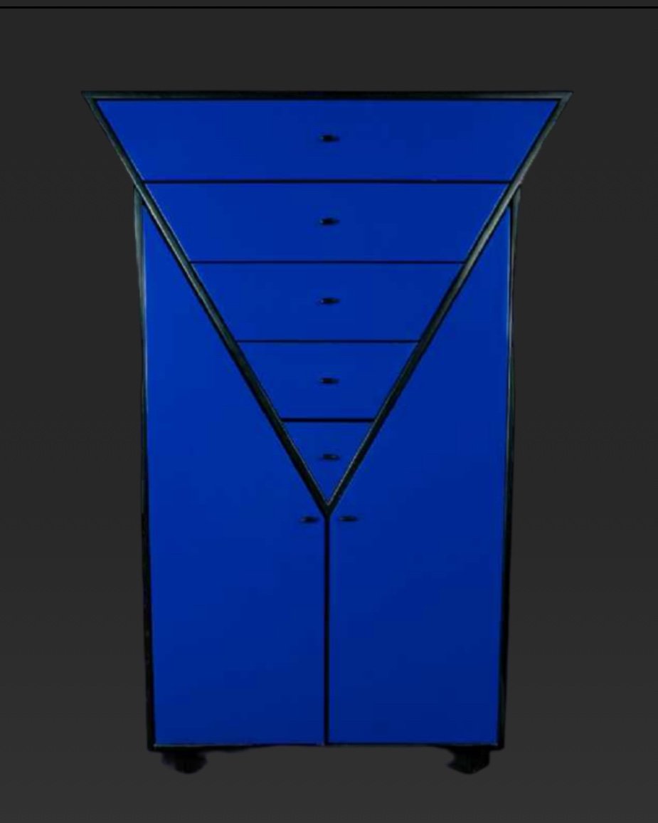 Meuble Bleu De Style Memphis, Dresse & Commode Haute à 4 Tiroirs, Ca 1980-photo-2