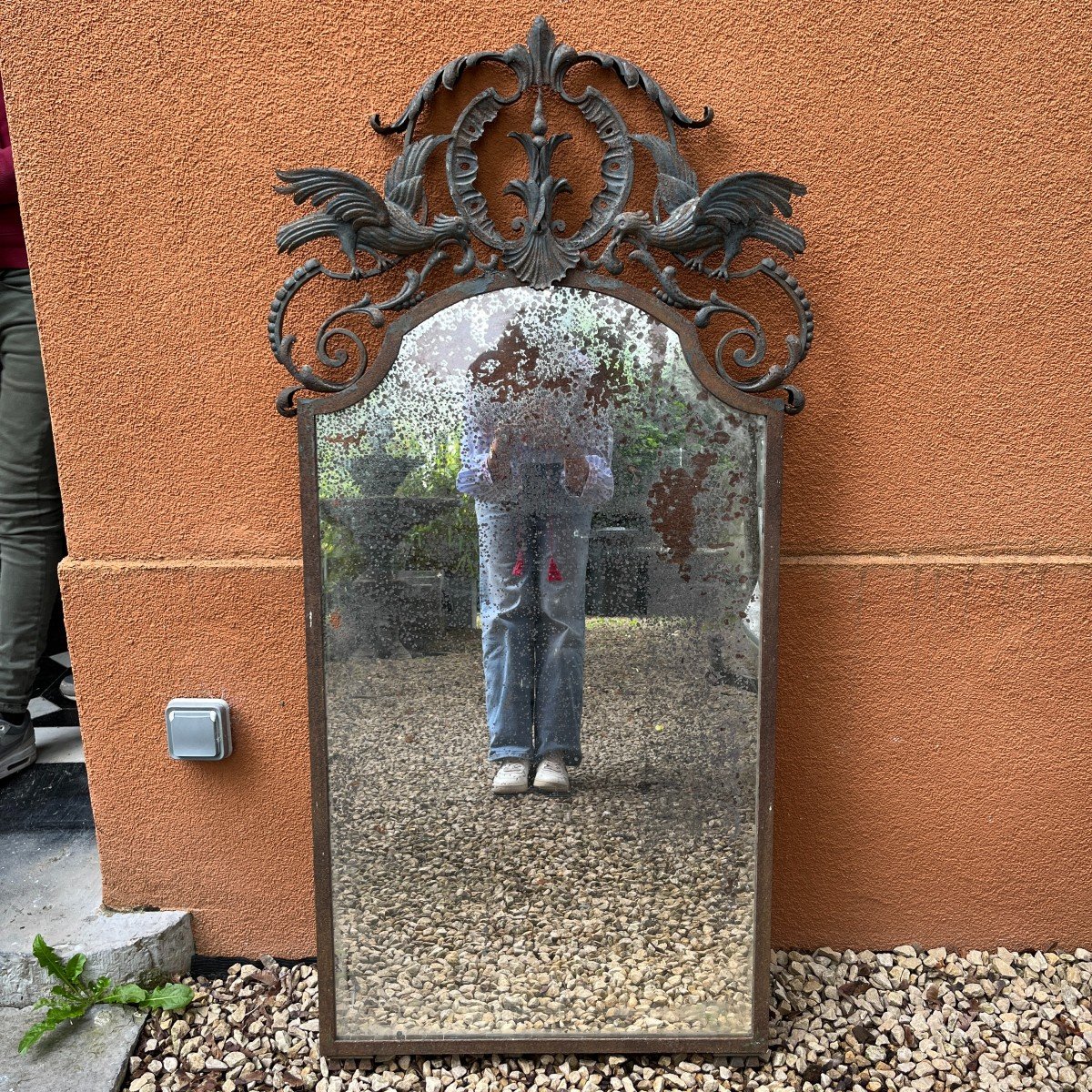 Art Deco Wrought Iron Bird Mirror In The Style Of / Or Gilbert Poillerat, Ca 1930-photo-4