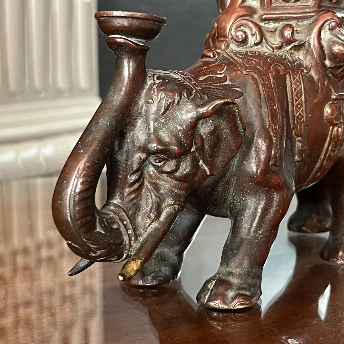 Asian Bronze Incense Burner / Perfume Burner Or Oil Lamp, Elephant Sculpture, Early 19th C.-photo-4