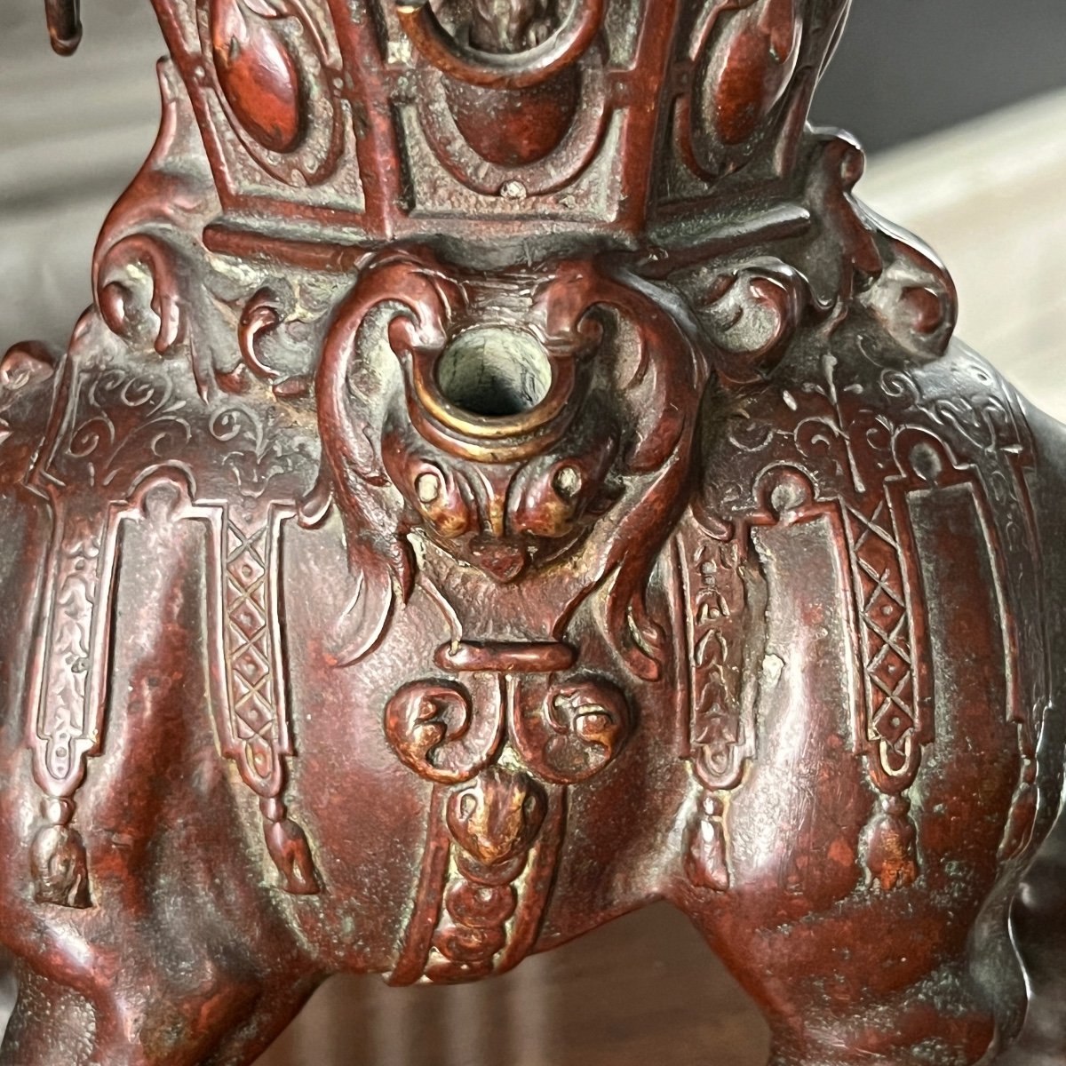 Asian Bronze Incense Burner / Perfume Burner Or Oil Lamp, Elephant Sculpture, Early 19th C.-photo-1