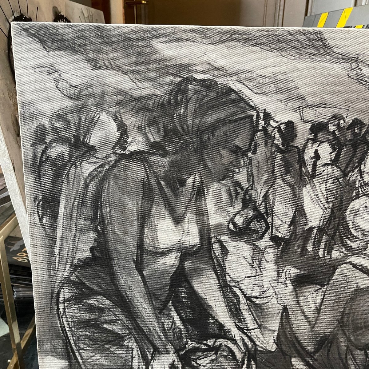 Denis Matemo "market Scene", Charcoal Painting On Canvas In 2016-photo-2