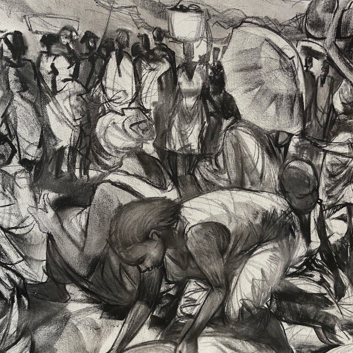 Denis Matemo "market Scene", Charcoal Painting On Canvas In 2016-photo-4