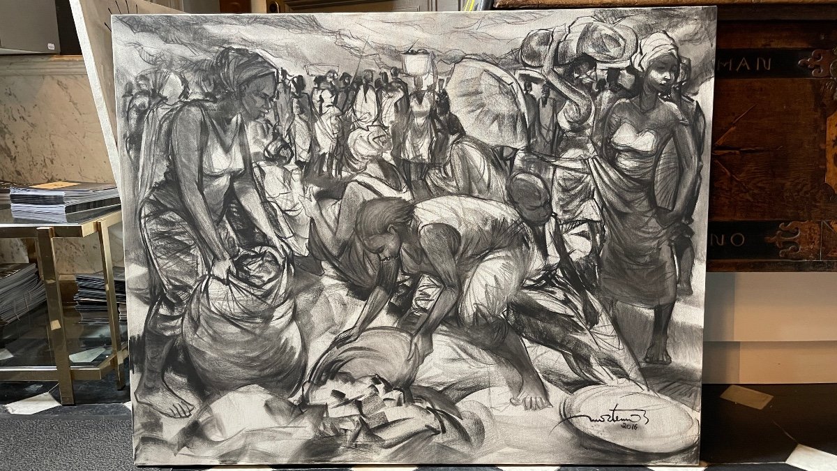 Denis Matemo "market Scene", Charcoal Painting On Canvas In 2016-photo-6