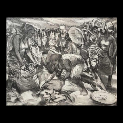 Denis Matemo "market Scene", Charcoal Painting On Canvas In 2016