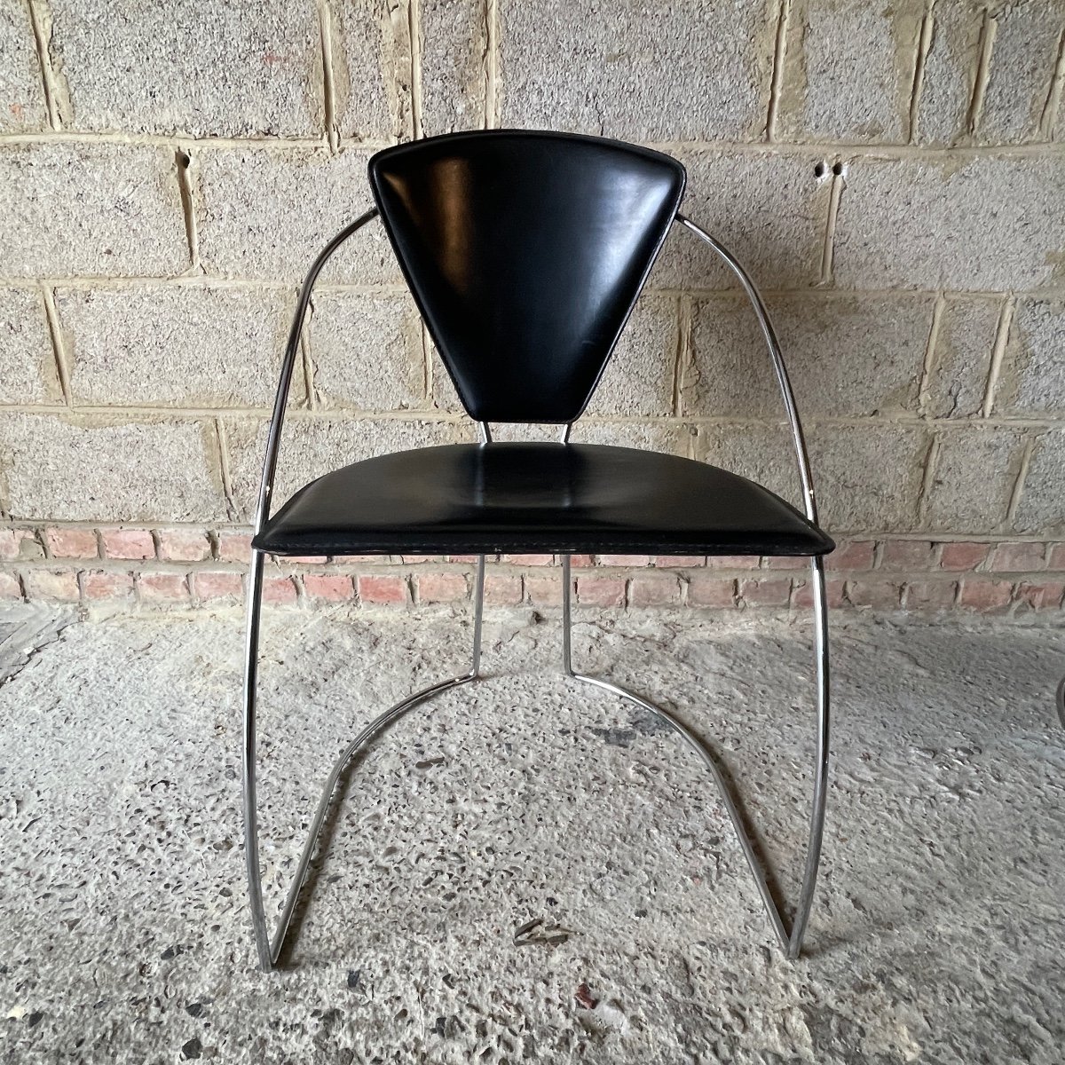 Set De 4 Chaises Vintage, Acier Chromé & Skaï Noir, Design Italien 80s-photo-4