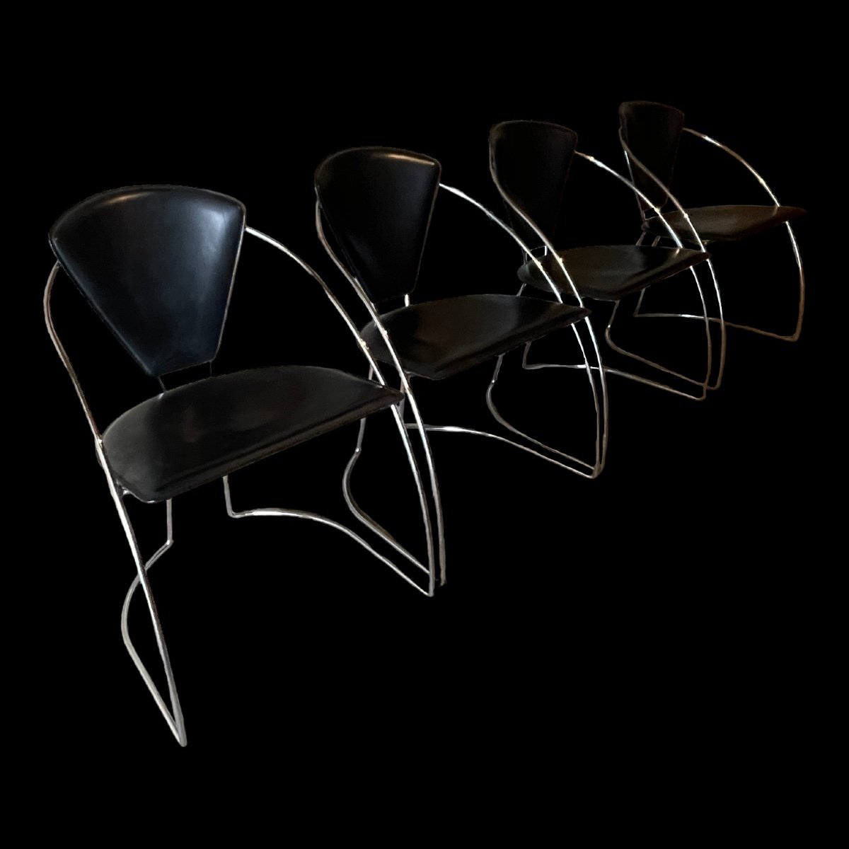 Set Of 4 Vintage Chairs, Chrome Steel & Black Leatherette, Italian Design 80s