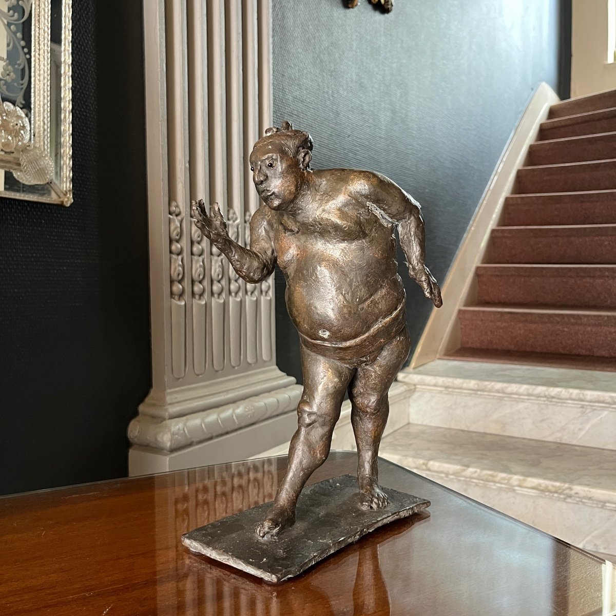 Christian Leroy " Sumo " Sculpture Expressionniste d'Un Homme En Bronze, Cire Perdue, Ca 1970-photo-2