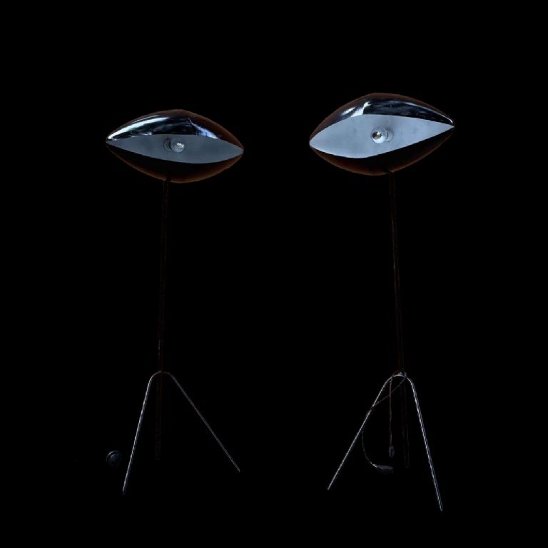 India Mahdavi 'fantomas' Pair Of Lamps / Floor Lamps, Eye-ball Design, Black Lacquered Steel