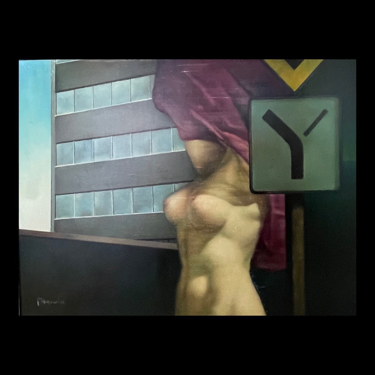 Mackowiak Erwin "nude At The Traffic Sign" Belgian Pop Art Painting, Painter Oil On Canvas