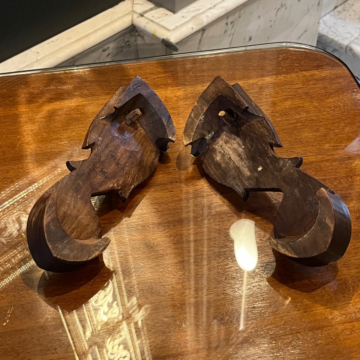 Pair Of Hindu Priest Or King Paduka, Teak Wood And Brass Fillets, 19th Century-photo-6