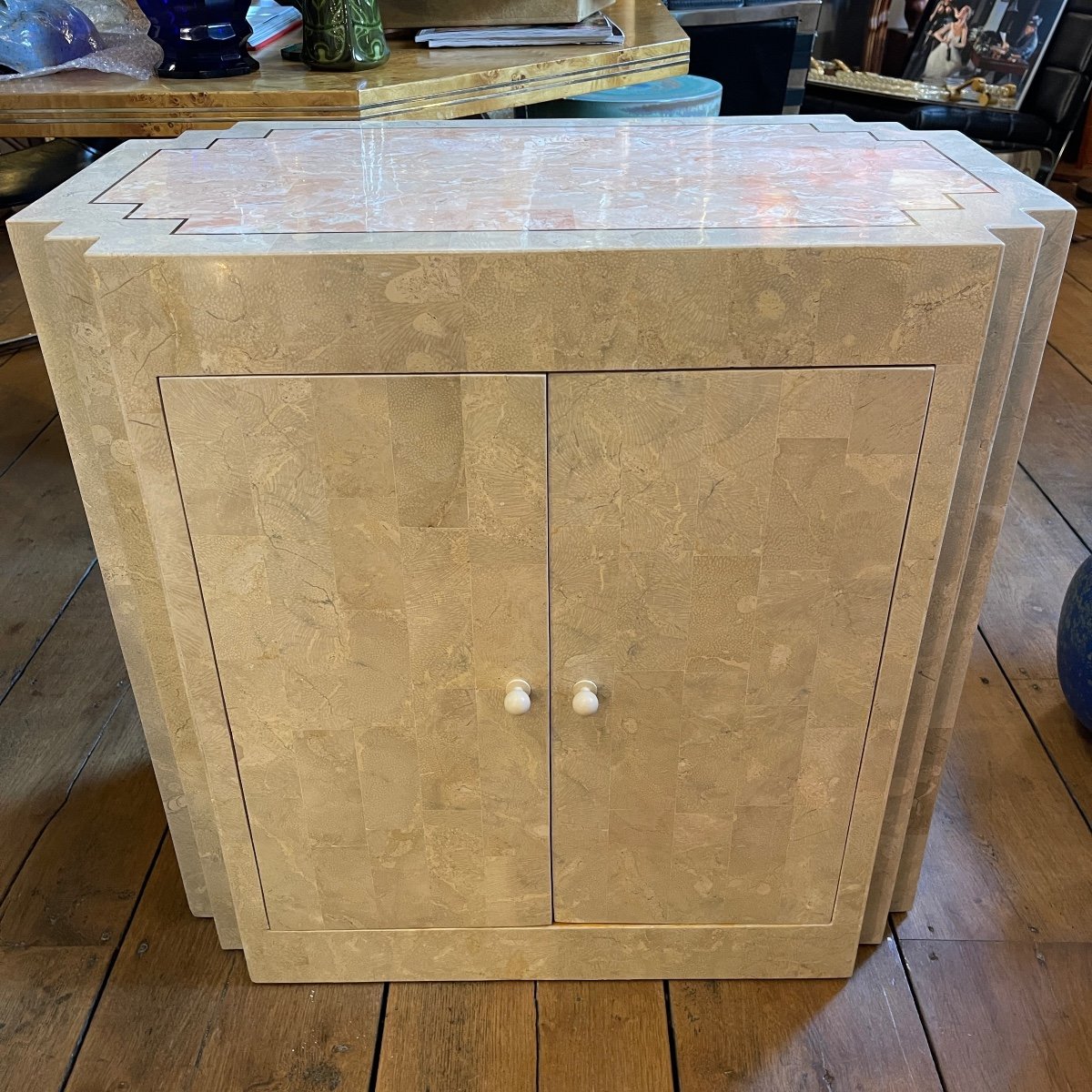 Jean-claude Mahey, Double-sided Design Dresser, Travertine & Brass Fillets, Ca 1960-photo-2