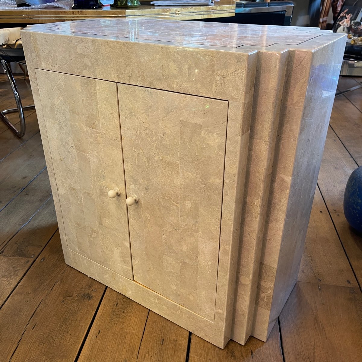 Jean-claude Mahey, Double-sided Design Dresser, Travertine & Brass Fillets, Ca 1960-photo-3