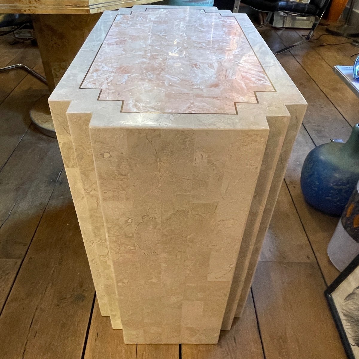 Jean-claude Mahey, Double-sided Design Dresser, Travertine & Brass Fillets, Ca 1960-photo-4