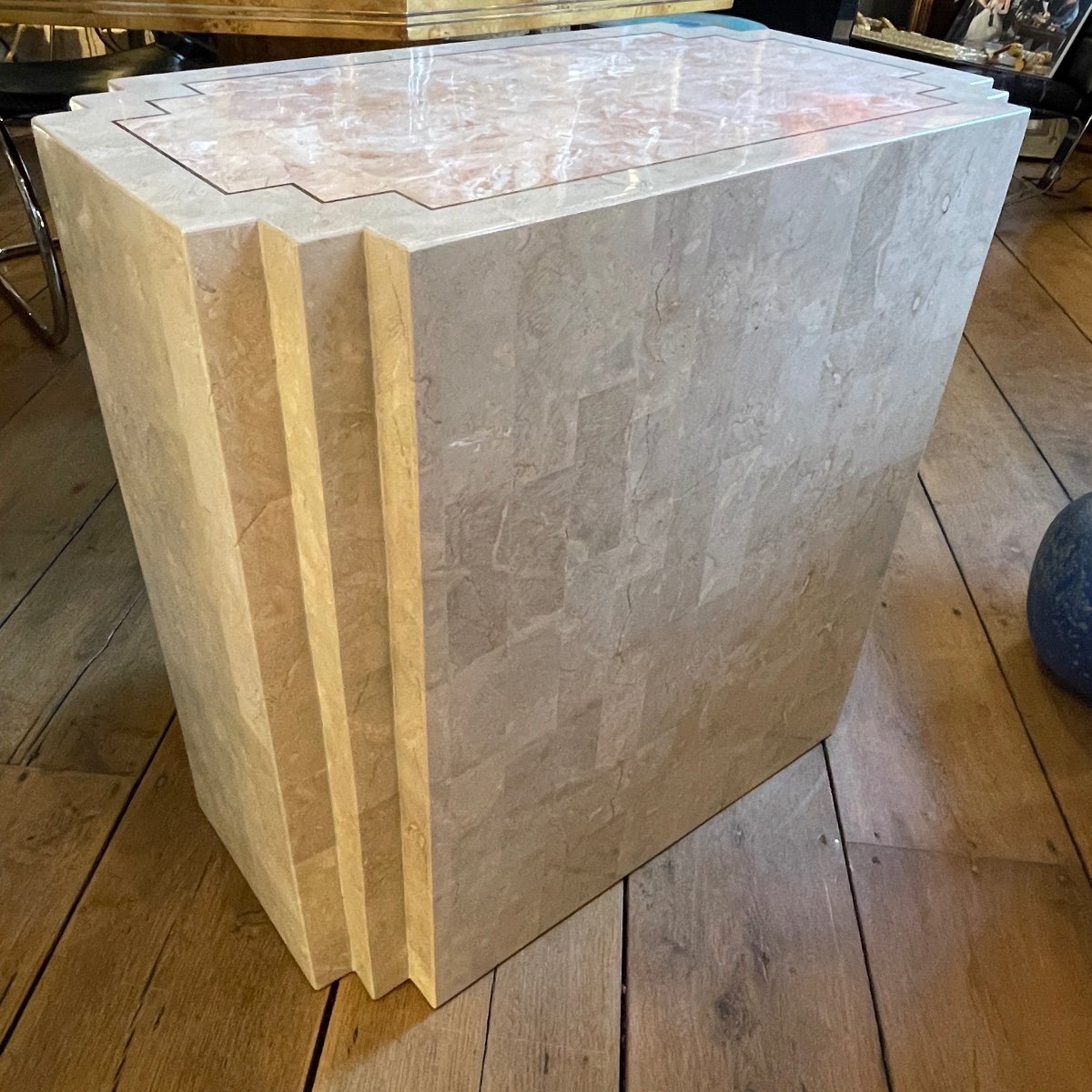 Jean-claude Mahey, Double-sided Design Dresser, Travertine & Brass Fillets, Ca 1960-photo-1