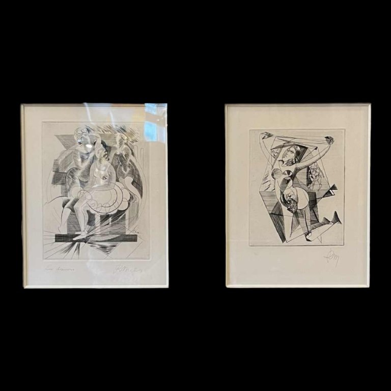 René Mels (meulemans) Set Encadré De 2 X Gravures Expressionnistes Abstraites, Ca 1945