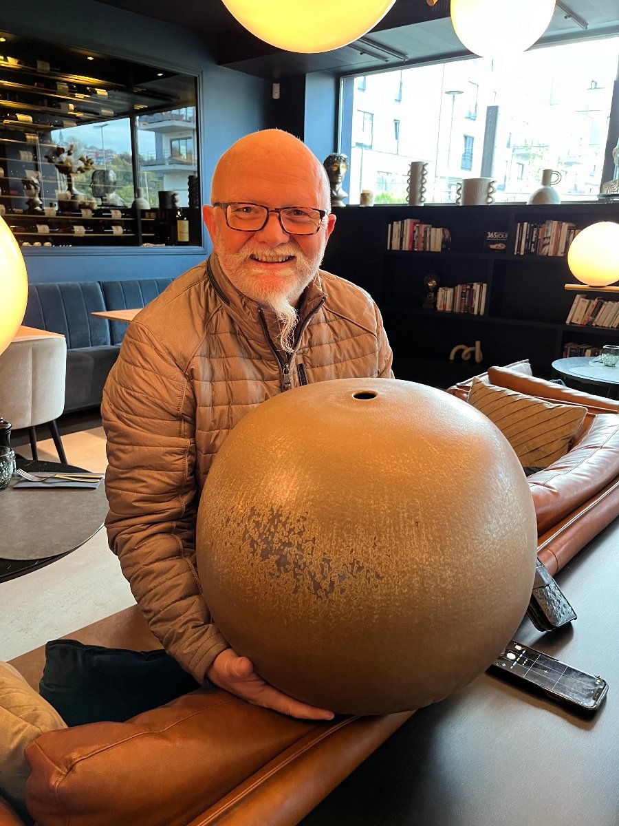 Antonio Lampecco, Grand Vase Boule Brun (50cm) En Céramique, Subtile Couverte Cristallisée,1983-photo-2