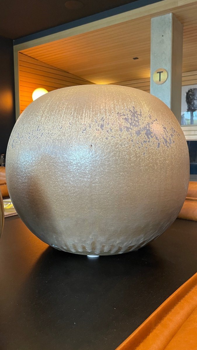 Antonio Lampecco, Grand Vase Boule Brun (50cm) En Céramique, Subtile Couverte Cristallisée,1983-photo-3