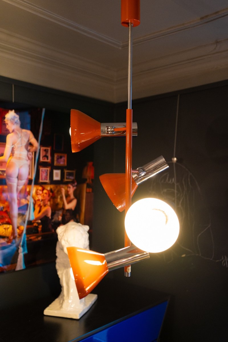 Suspension Vintage 4 Spots / Lustre Orientable, Chromé & Laqué Orange, Design Space Age, 70s-photo-2