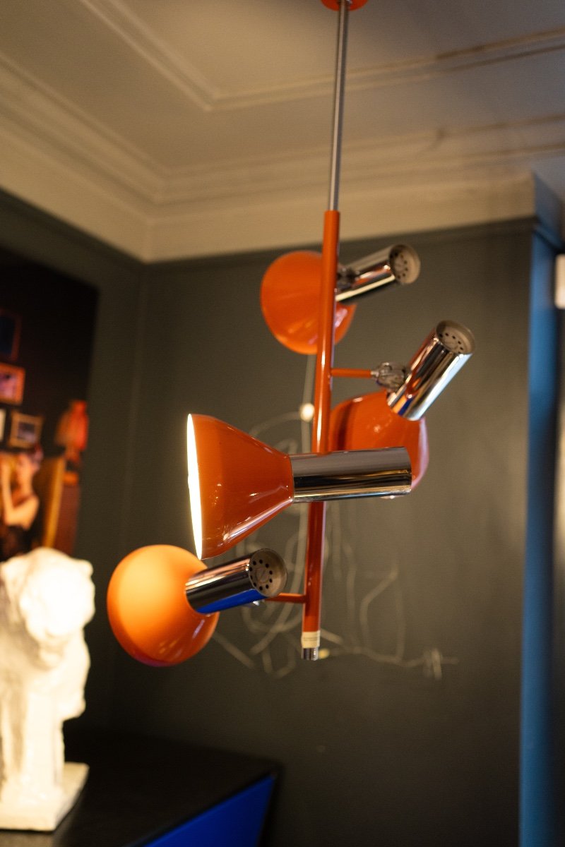 Vintage 4 Spot Suspension / Adjustable Chandelier, Chrome & Orange Lacquered, Space Age Design, 70s-photo-3