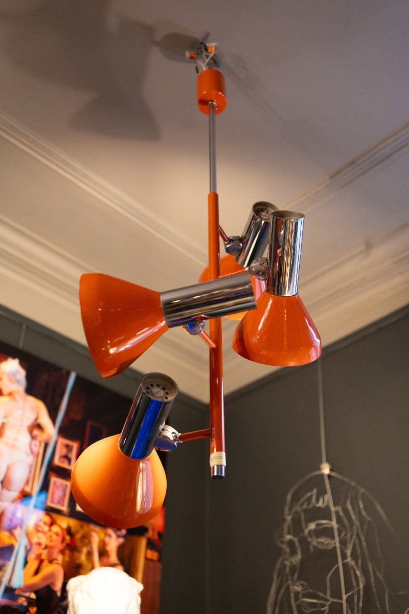 Vintage 4 Spot Suspension / Adjustable Chandelier, Chrome & Orange Lacquered, Space Age Design, 70s-photo-4