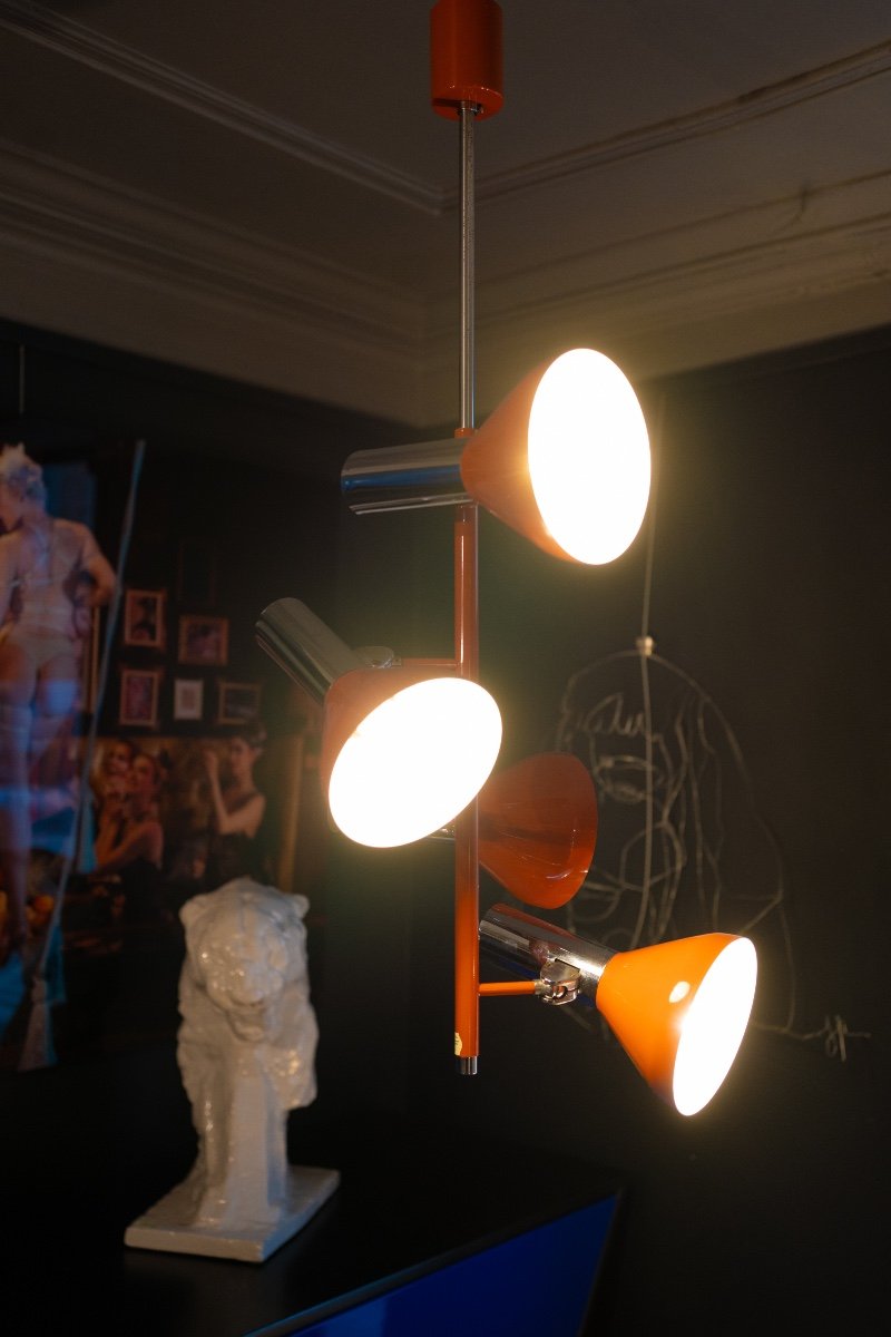 Suspension Vintage 4 Spots / Lustre Orientable, Chromé & Laqué Orange, Design Space Age, 70s-photo-5