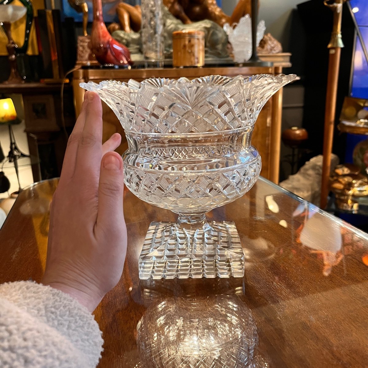 Val Saint Lambert, Large Cup / Drageoir On Foot In Richly Cut Crystal, Vonèche Style-photo-2