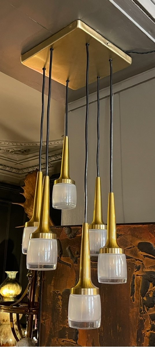 Staff Lights, Cascade Chandelier 6 Elements, Brass And Gilded Aluminum, Glass, Ca 1970-photo-2