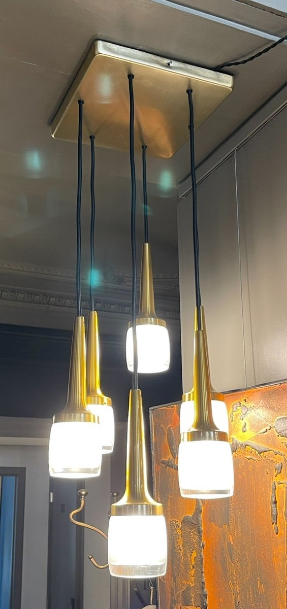 Staff Lights, Cascade Chandelier 6 Elements, Brass And Gilded Aluminum, Glass, Ca 1970-photo-3