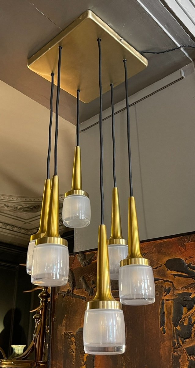 Staff Lights, Cascade Chandelier 6 Elements, Brass And Gilded Aluminum, Glass, Ca 1970-photo-4