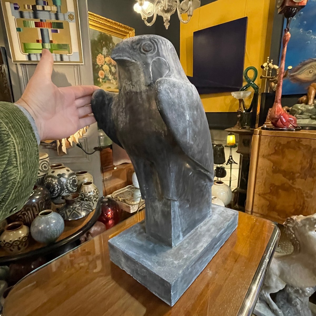 Large Plaster Sculpture Of A 'horus' Falcon, Blue Stone Type Grey Patina, 20th Century-photo-2