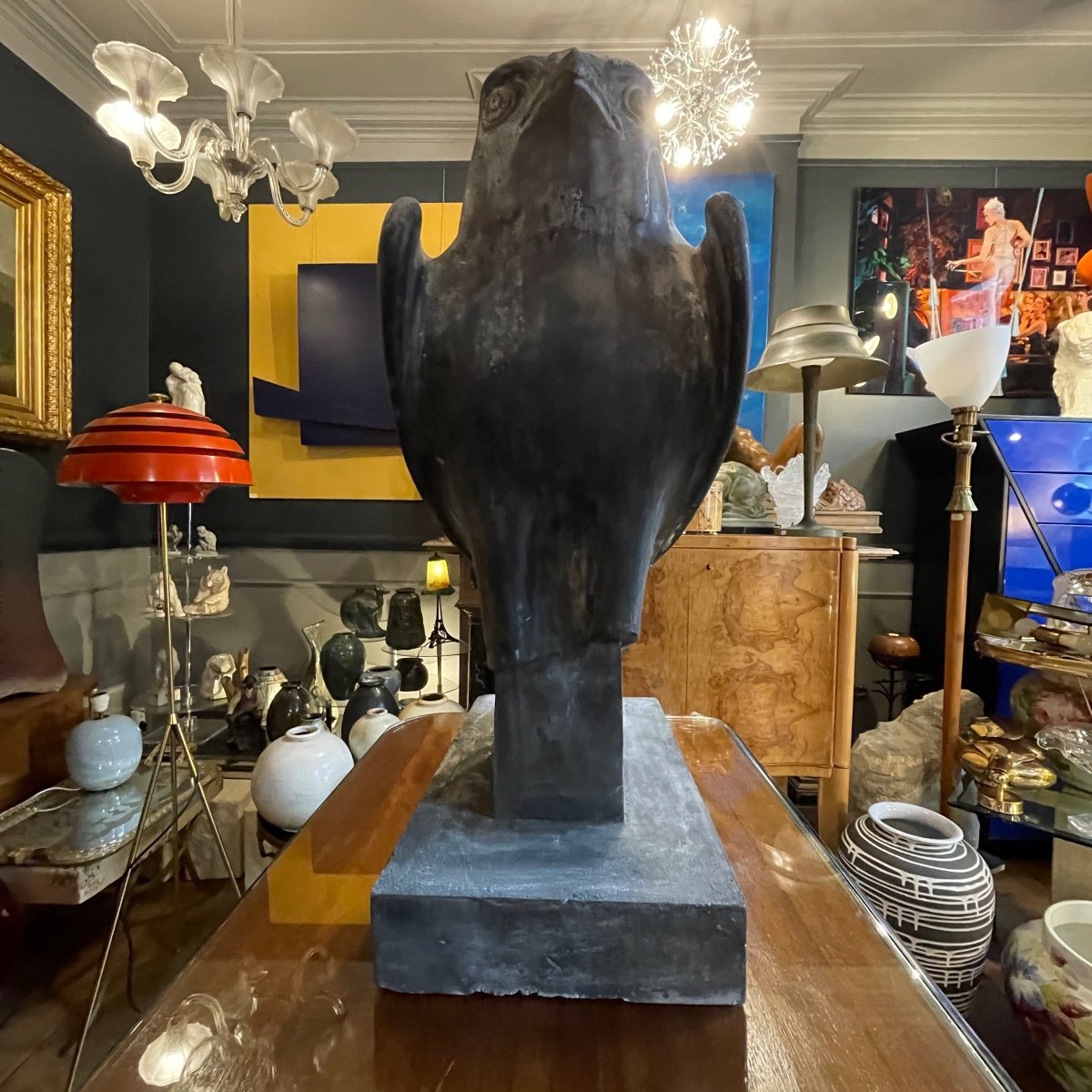 Large Plaster Sculpture Of A 'horus' Falcon, Blue Stone Type Grey Patina, 20th Century-photo-1