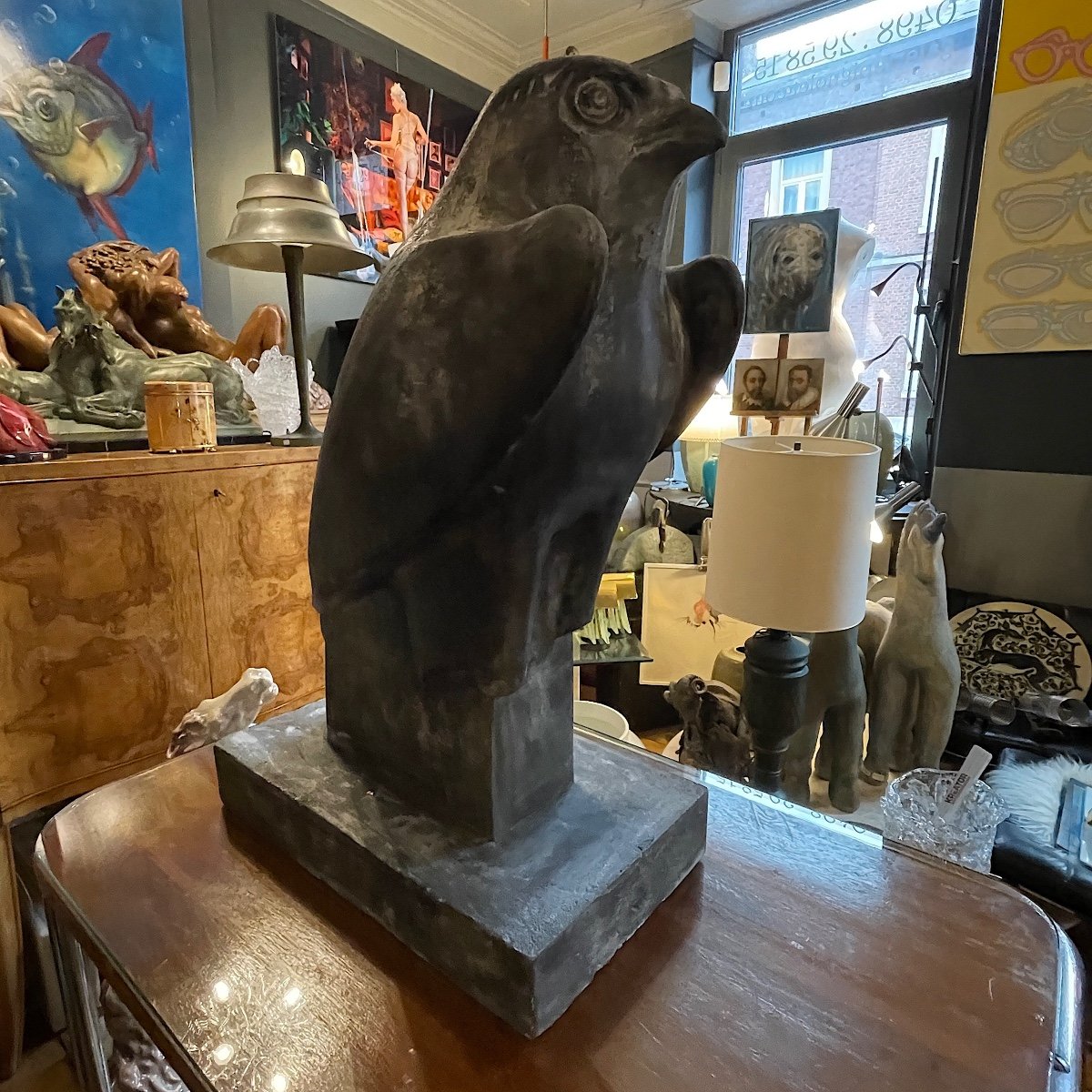 Large Plaster Sculpture Of A 'horus' Falcon, Blue Stone Type Grey Patina, 20th Century-photo-2