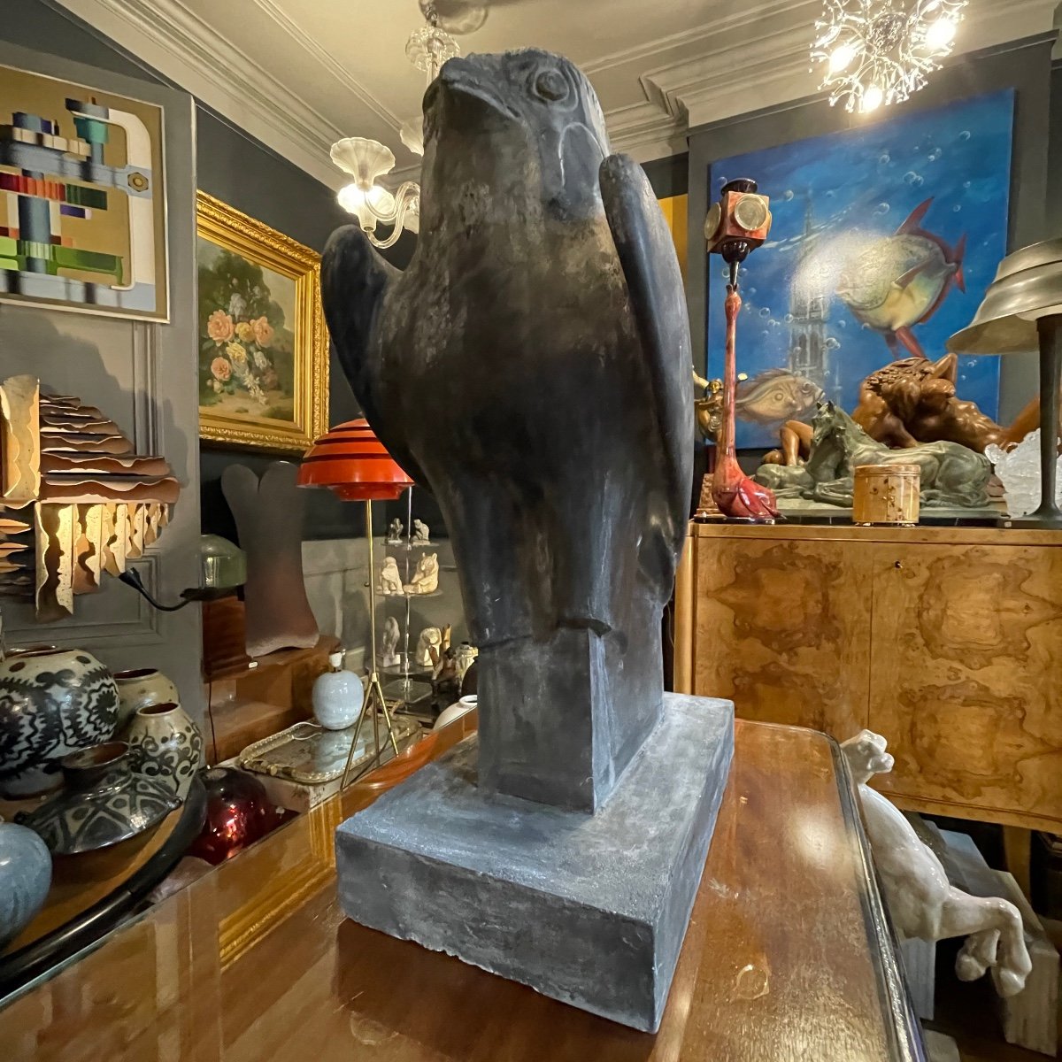 Large Plaster Sculpture Of A 'horus' Falcon, Blue Stone Type Grey Patina, 20th Century-photo-4