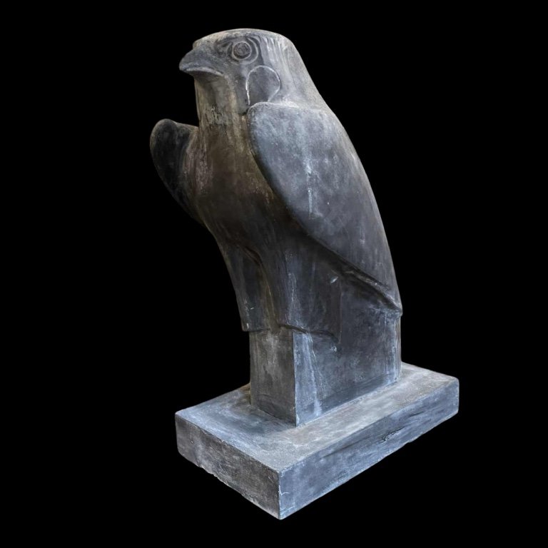 Large Plaster Sculpture Of A 'horus' Falcon, Blue Stone Type Grey Patina, 20th Century