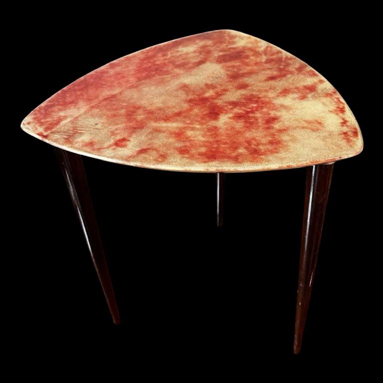 Aldo Tura, Table Basse d'Appoint, Parchemin Peau De Chèvre Teintée Rouge Laqué Italie Ca 1970