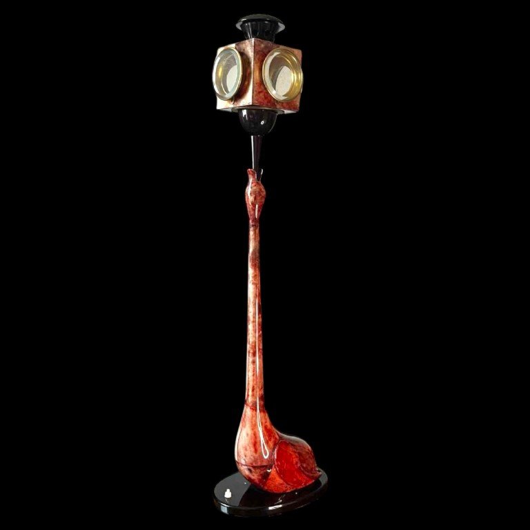 Aldo Tura, Lampe À Poser Lampadaire 'oiseau' Parchemin Peau De Chèvre Rouge Laqué, Ca 1950