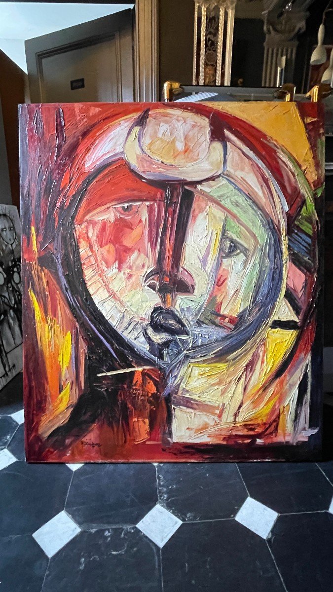 Roger Botembe "the Face" Abstract Mask, Painting Oil On Canvas, Ca 2010-photo-2