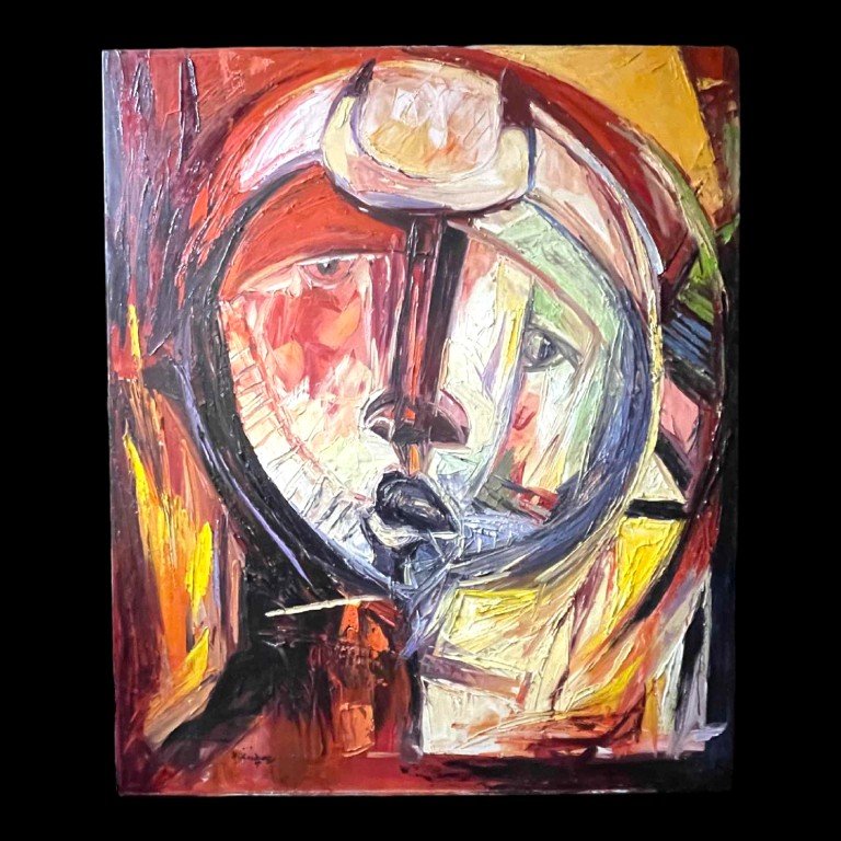 Roger Botembe "the Face" Abstract Mask, Painting Oil On Canvas, Ca 2010