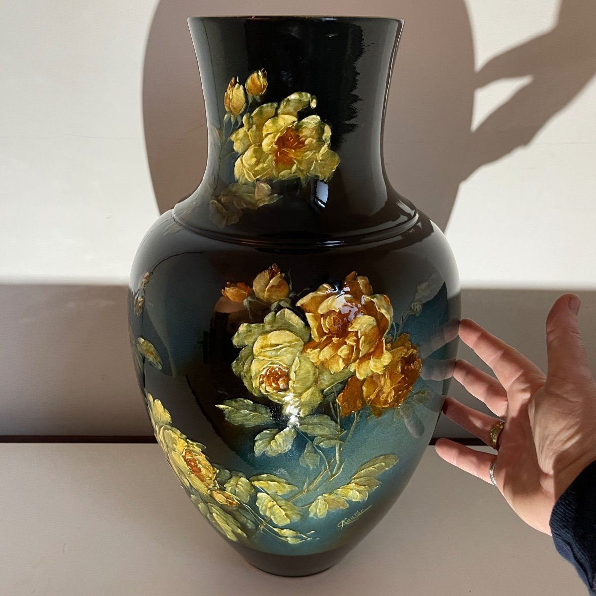 Large Impressionist Art Nouveau Ceramic Vase, Barbotine Floral Decor With Roses, Ca 1900-photo-3