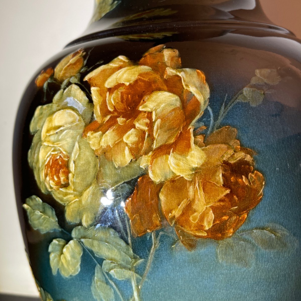 Large Impressionist Art Nouveau Ceramic Vase, Barbotine Floral Decor With Roses, Ca 1900-photo-1