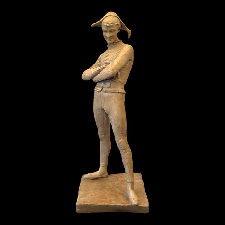 Charles René De Saint-marceaux 'harlequin' Terracotta Sculpture, 19th Century