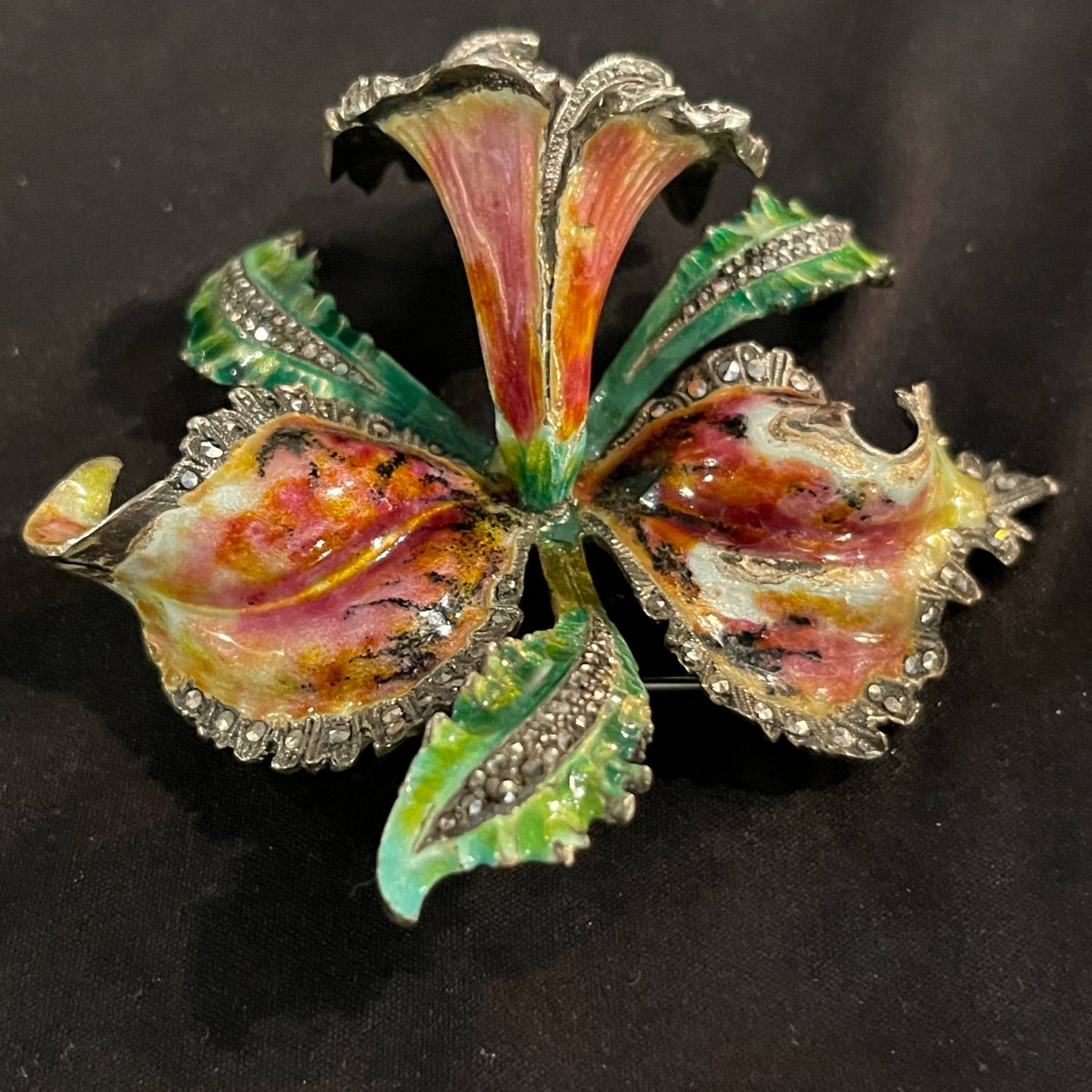 Brooch 'orchid Or Iris Flower' In Enamelled Sterling Silver, Mid 20th Century-photo-4