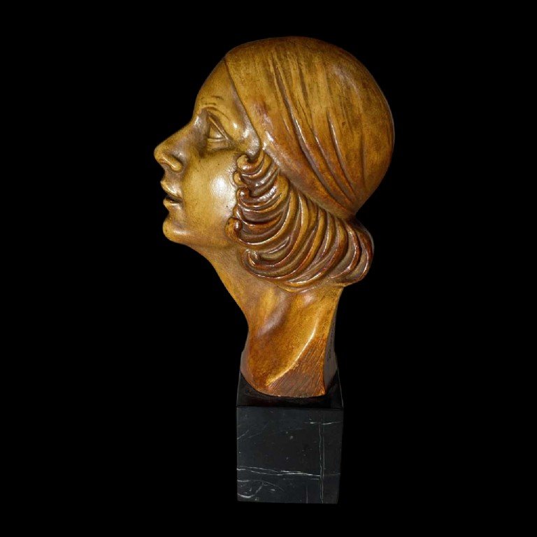 Antonio Banchelli 'profile De Femme Garçonne' Sculpture Art Déco En Terre Cuite, Ca 1920