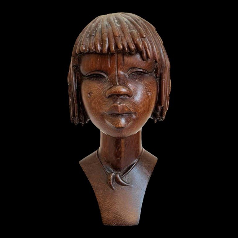 Sculpture Africaniste 'buste Ou Visage De Femme Africaine Scarifié' En Bois De Palmier, Ca 1950-photo-2