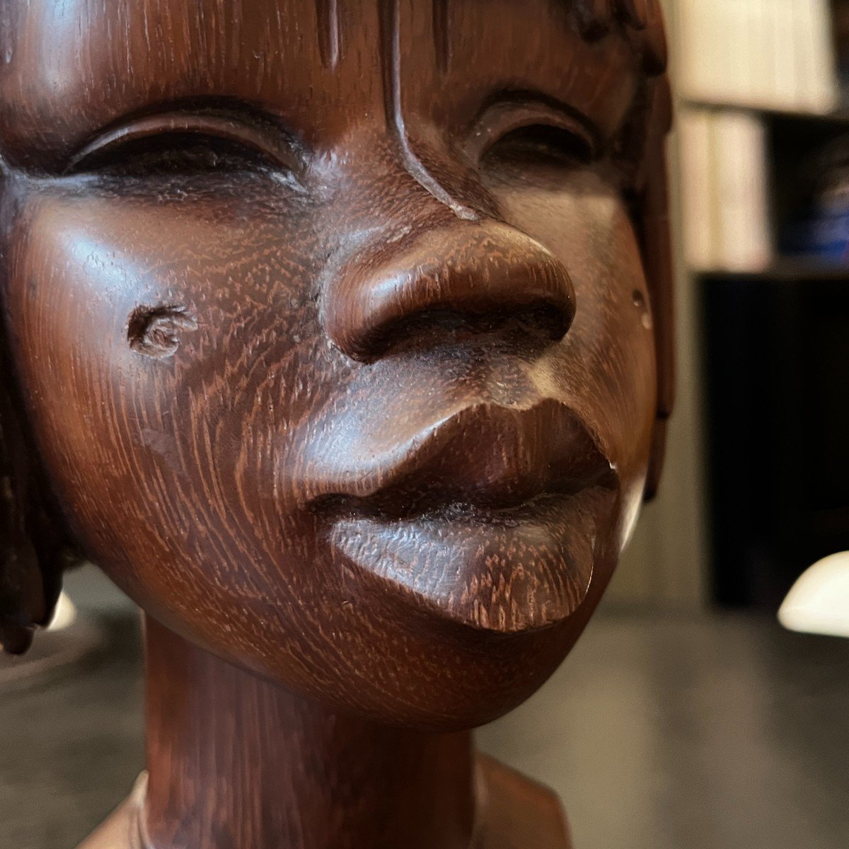 Sculpture Africaniste 'buste Ou Visage De Femme Africaine Scarifié' En Bois De Palmier, Ca 1950-photo-4