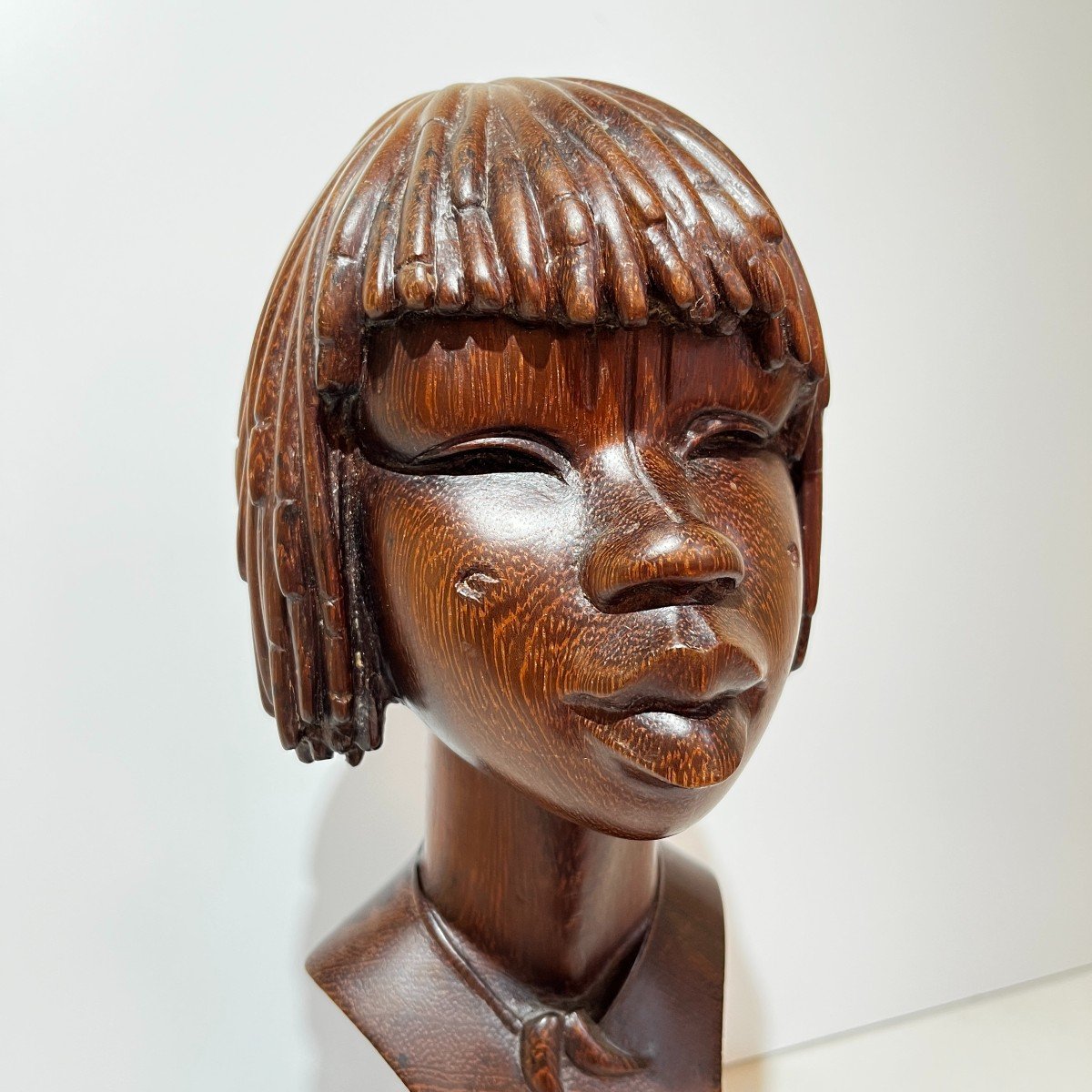 Sculpture Africaniste 'buste Ou Visage De Femme Africaine Scarifié' En Bois De Palmier, Ca 1950-photo-1