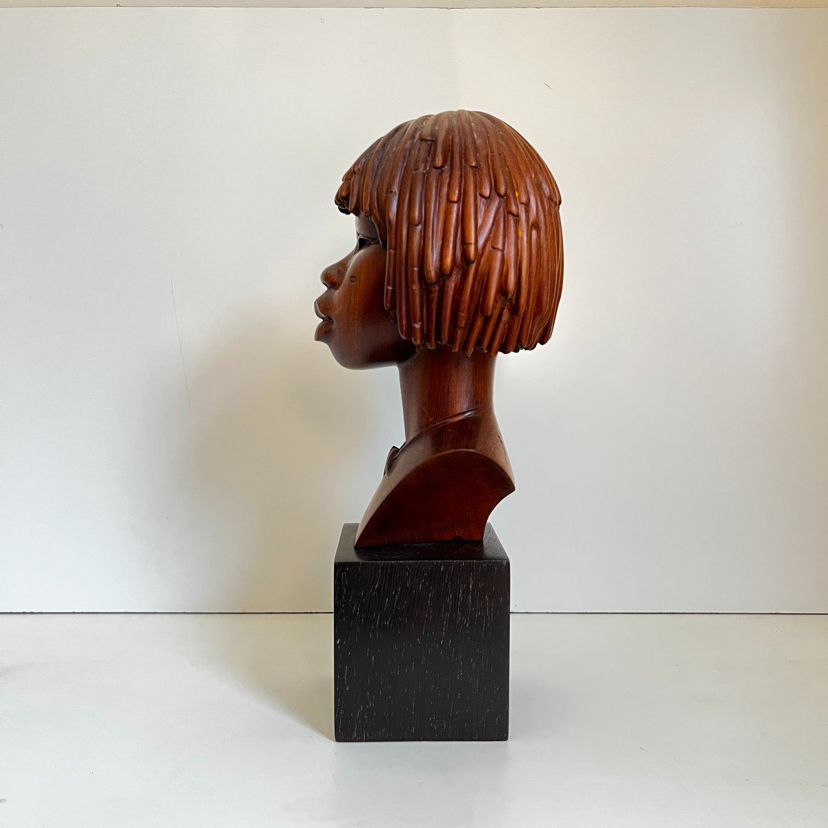 Sculpture Africaniste 'buste Ou Visage De Femme Africaine Scarifié' En Bois De Palmier, Ca 1950-photo-3